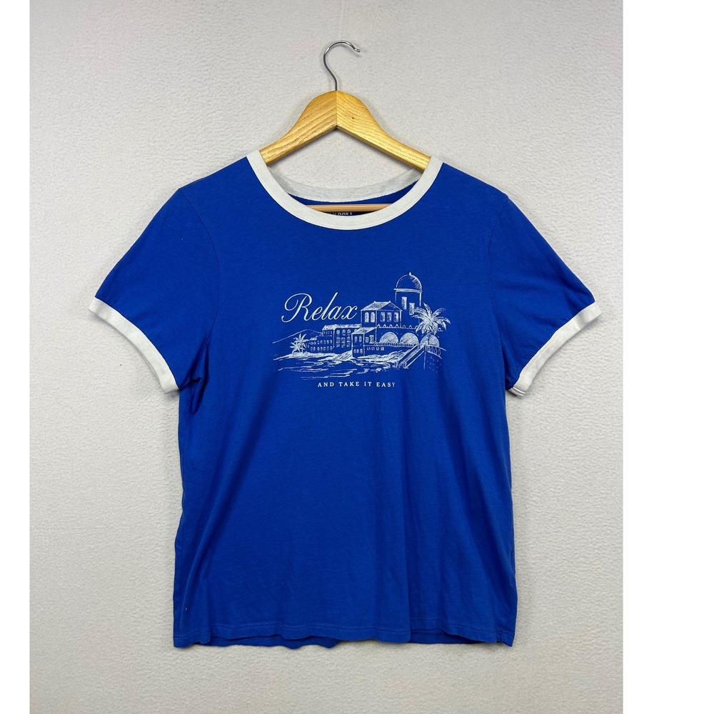 Retro Coastal Vacation Old Navy Womens M Blue Relax Graphic Ringer Tee